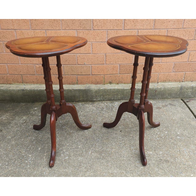 Mid 20th Century Pair Mid 20th Century Mahogany Pedestal Tooled Leather Clover Top Candle Stands For Sale - Image 5 of 12