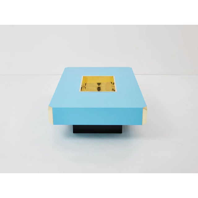 Blue Willy Rizzo Blue Lacquer and Brass Bar Coffee Table Alveo 1970s For Sale - Image 8 of 12