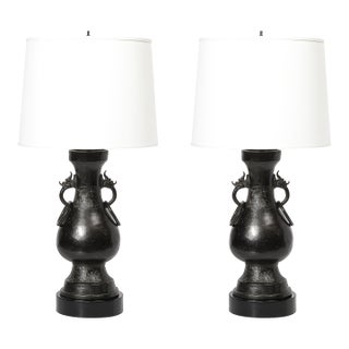 Pair of Mid-Century Iron Dragon Amphora Chinoiserie Table Lamps W/ Ring Details For Sale