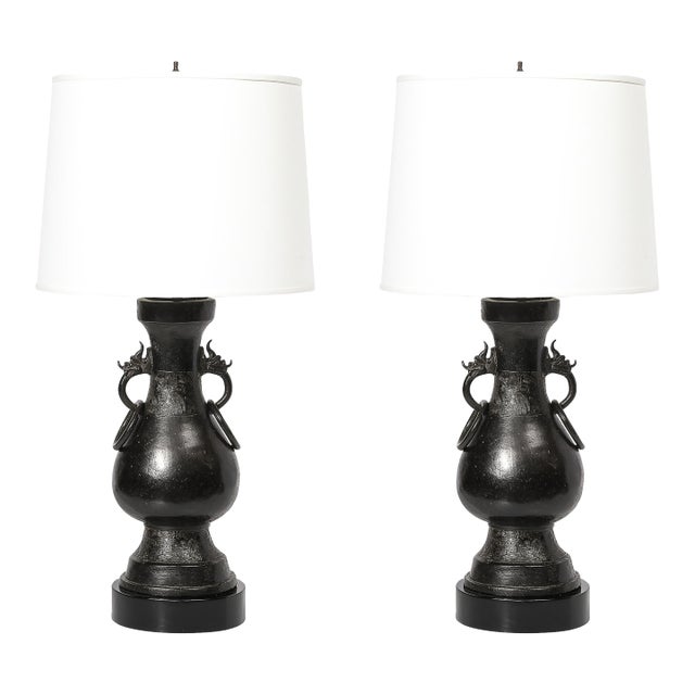 Pair of Mid-Century Iron Dragon Amphora Chinoiserie Table Lamps W/ Ring Details For Sale