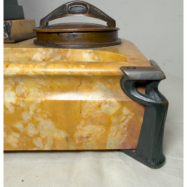 Antique French Solid Siena Marble Bronze Lorenzo De Medicis Statue Desk Inkwell For Sale - Image 14 of 18