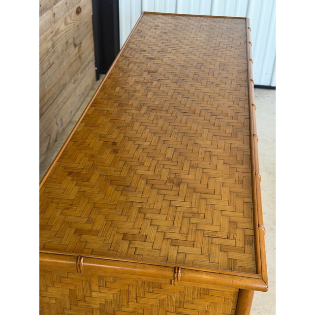 Late 20th Century Vintage Boho Coastal Dixie Campaign Style Faux Bamboo Sideboard With Herringbone Panels For Sale - Image 5 of 12
