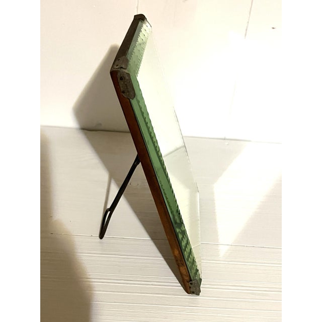 Transparent Antique Beveled Vanity Mirror With Notched Edge Detail, Wood Back With Forged Easel/Wall Hanger For Sale - Image 8 of 9