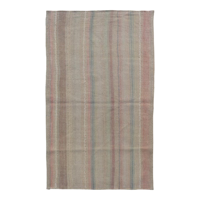 Vintage Turkish Kilim With Soft Pastel Stripes in Blush, Sage, and Sky Blue For Sale