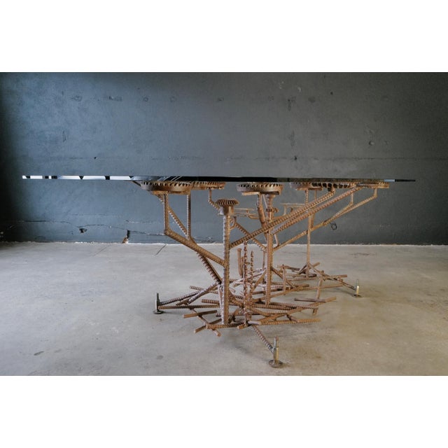1980s Glass Top Dining Table with One of a Kind Steel Rebar Base For Sale - Image 10 of 17