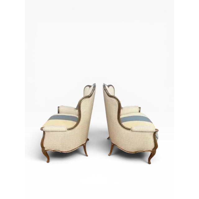 Pair of Early 20th Century Louis XV–Style Wingback Bergère Chairs With Gilt Frames For Sale - Image 9 of 17