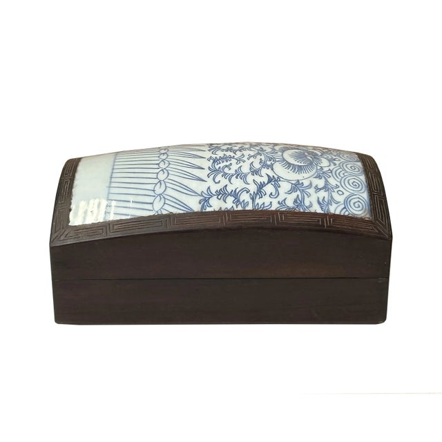 Blue Chinese Old White Base Blue Scroll Flowers Porcelain Brown Wood Box For Sale - Image 8 of 9