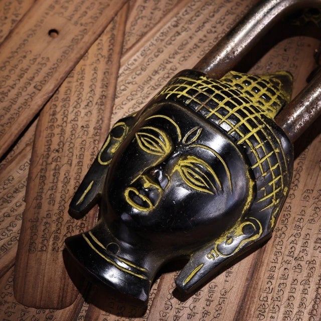 Metal Vintage Bronze Buddha Head Padlock With Key and Auspicious Symbols For Sale - Image 7 of 9