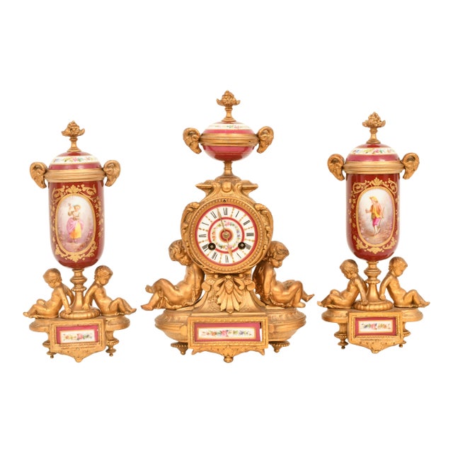 Antique French Gilt Bronze & Porcelain Three-Piece Figural Clock Garniture For Sale
