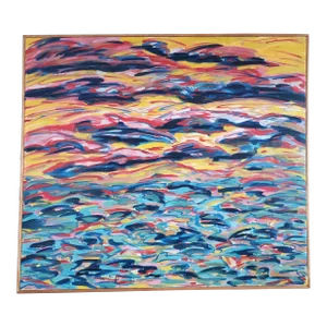 1970's "Fishscape" Large Contemporary Framed Abstract Oil Painting by Joanie Highland
