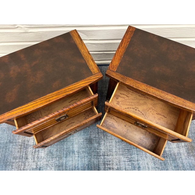 Wood Oak Campaign Style Nightstands / Accent Tables For Sale - Image 7 of 8