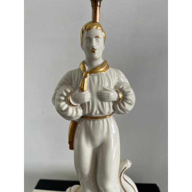 1930s Revival Style White & Gold Porcelain Male Figural Table Lamp For Sale In Miami - Image 6 of 10