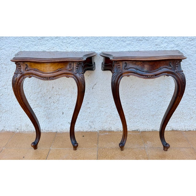 French Louis XV Style Walnut Wall-Mounted Bedside Tables, 1930, Set of 2 For Sale - Image 15 of 16