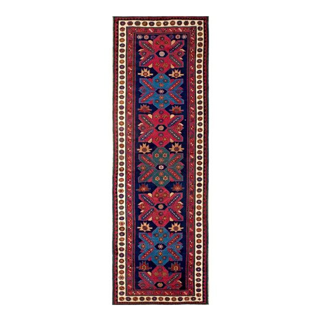 1900s Blue Navy Tribal Geometric Antique Caucasian Kazak Talish Runner Rug For Sale