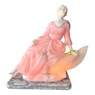 Antique Alabaster & Rose Quartz Sculpture Table Lamp For Sale