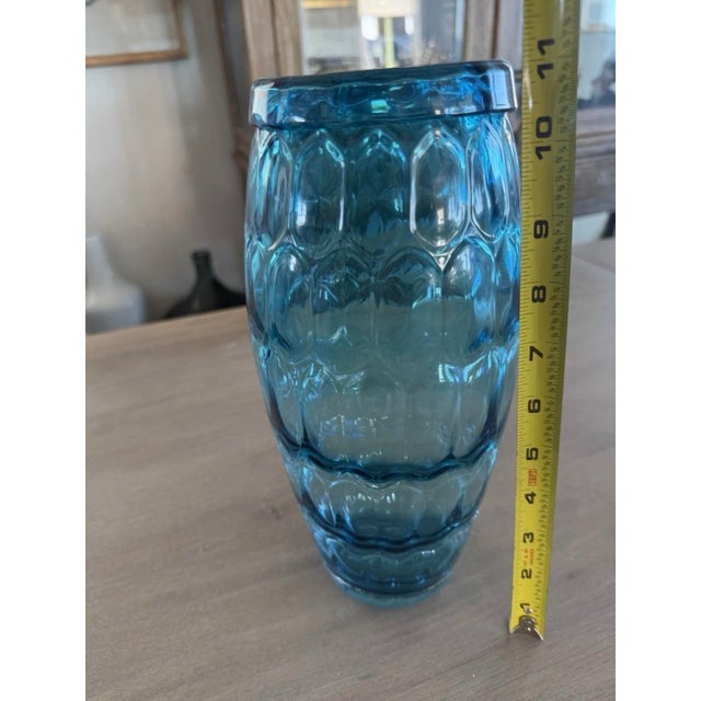 Teal Blown Art Glass Vase Teal Blue With Pattern in Glass 11” For Sale - Image 8 of 10