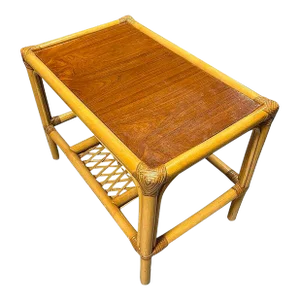 1960s Restored Mid-Century 2 Tier Rattan & Wicker Coffee Cocktail Table W Mahogany Top