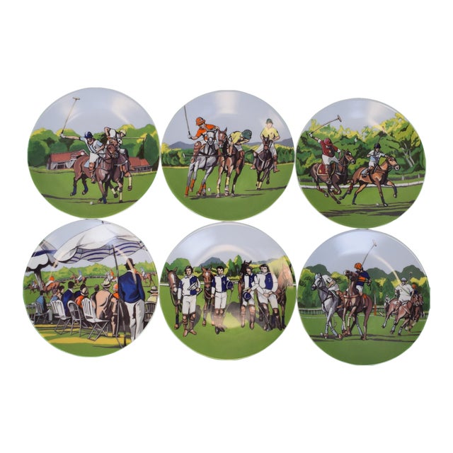 Set X 6 French Limoges 6"d Plates W/ Polo Match Scenes For Sale