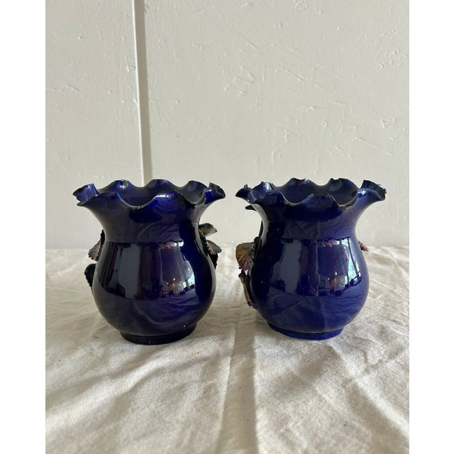 Ceramic Pair, Antique French Barbotine Majolica Vase Applied Rose Vases For Sale - Image 7 of 8