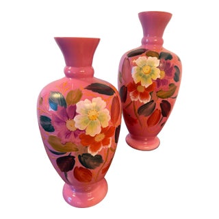 Large, Hand Painted, Pair of Bristol Glass Vases, Late 1800s For Sale