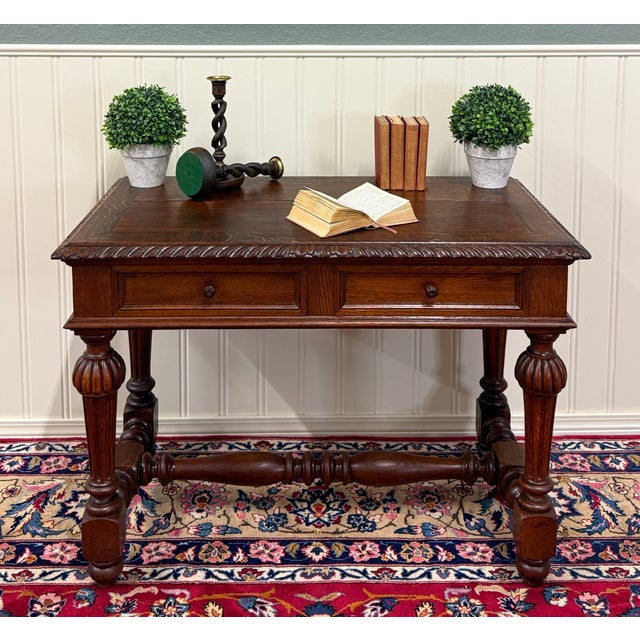 Antique French Henri II Style Writing Desk Table Drawers Oak C. 1930s For Sale In Dallas - Image 6 of 18