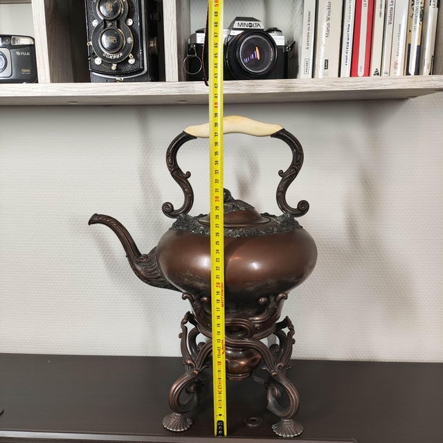 Copper Late 19th Century Rare Gabriel Desbrueres French Silver Plate Spirit Kettle Authentic Patina For Sale - Image 8 of 10