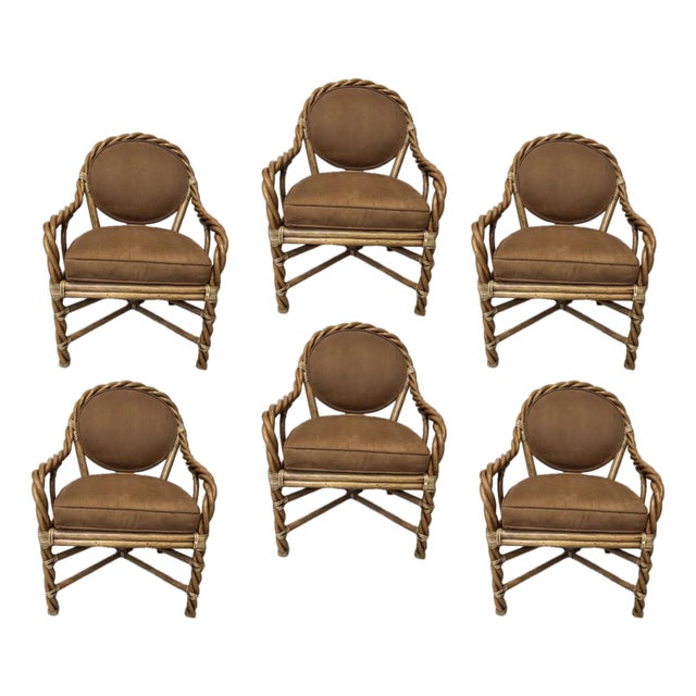 McGuire, 6 Twisted Rattan Dining Chairs. Covered in Performance Suede. For Sale