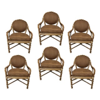 McGuire, 6 Twisted Rattan Dining Chairs. Covered in Performance Suede. Perfect Academia. For Sale