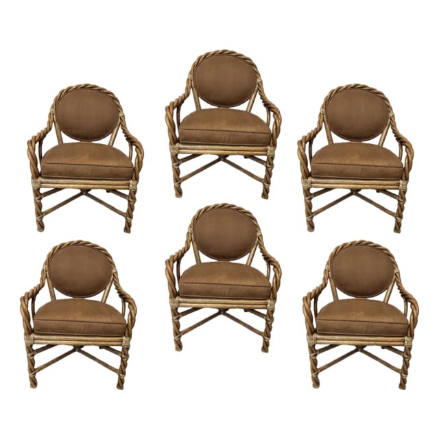 McGuire, 6 Twisted Rattan Dining Chairs. Covered in Performance Suede. Perfect Academia. For Sale