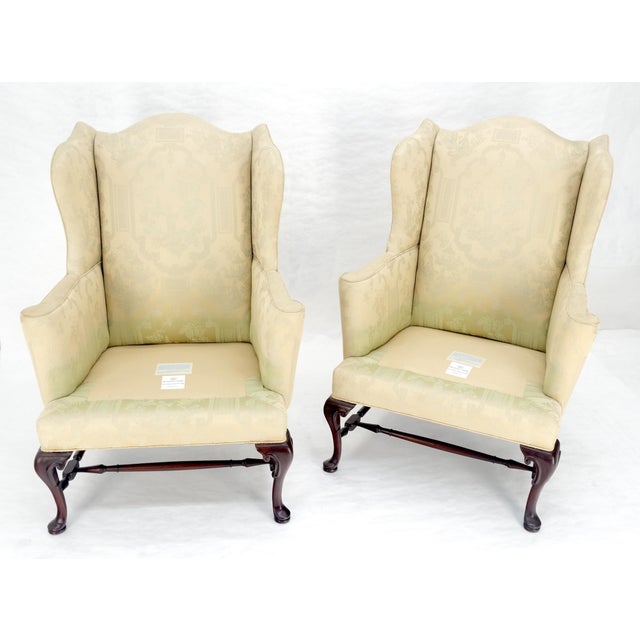 Queen Anne Pair of Hickory c1960s Very fine Mahogany Queen Ann Bases Arm Wingback Chairs For Sale - Image 3 of 16