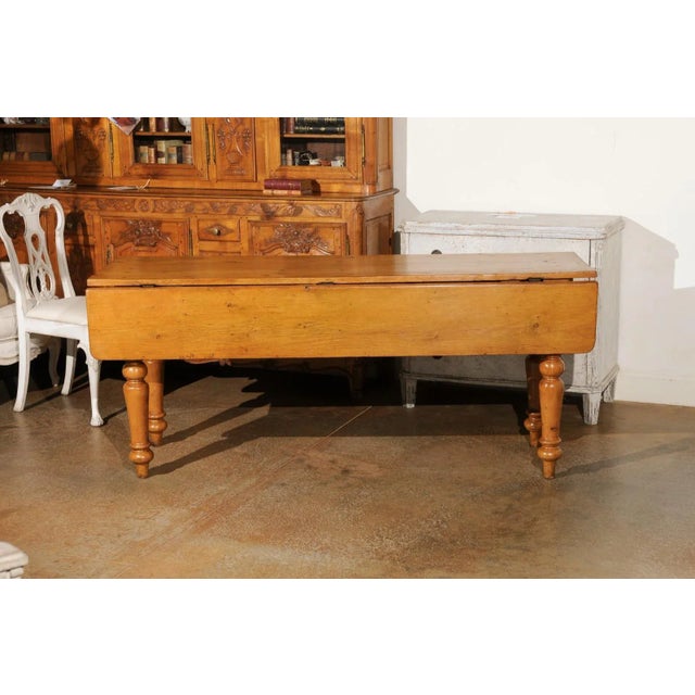English 1875s Pine Drop Leaf Table with Two Lateral Drawers and Turned Legs For Sale - Image 11 of 13