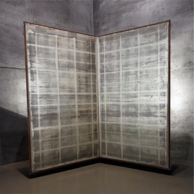 Japanese Meiji Japanese Folding Screen Byobu 2 Panel Antique Late 19th Century Silver Leaf Framed For Sale - Image 3 of 18