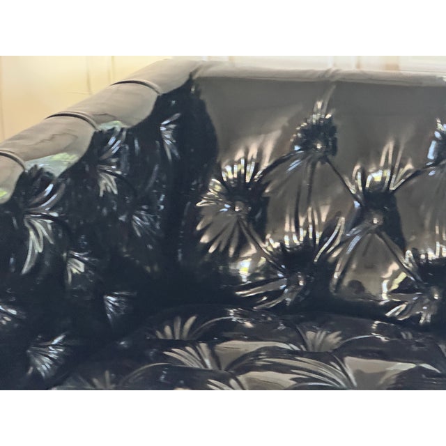 Custom Edelman Black Patent Leather Tufted Tuxedo Sofa For Sale - Image 10 of 14