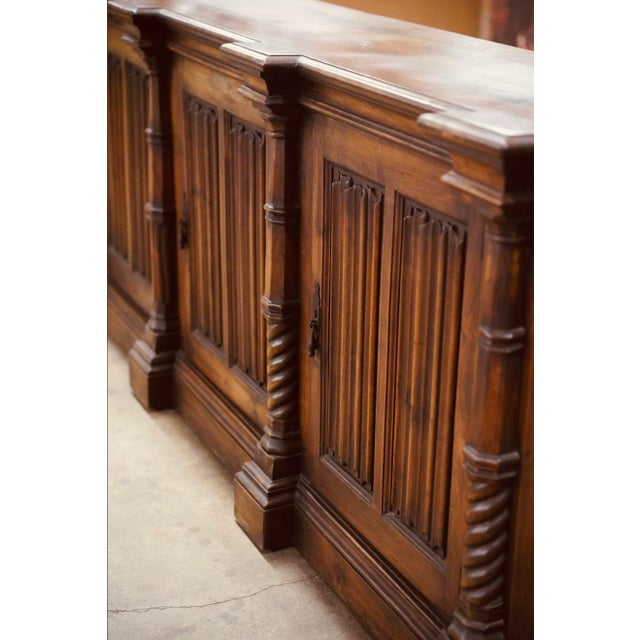 Brown Monumental Spanish Revival Fruitwood Sideboard Credenza – 10 Ft Architectural Statement, Barley Twist Columns, 1920s–40s For Sale - Image 8 of 10