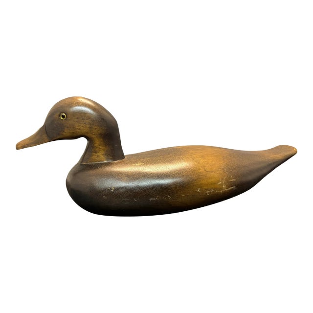 Carved Natural Wood Stained Large 16” Duck Decoy Glass Eyes Vintage For Sale