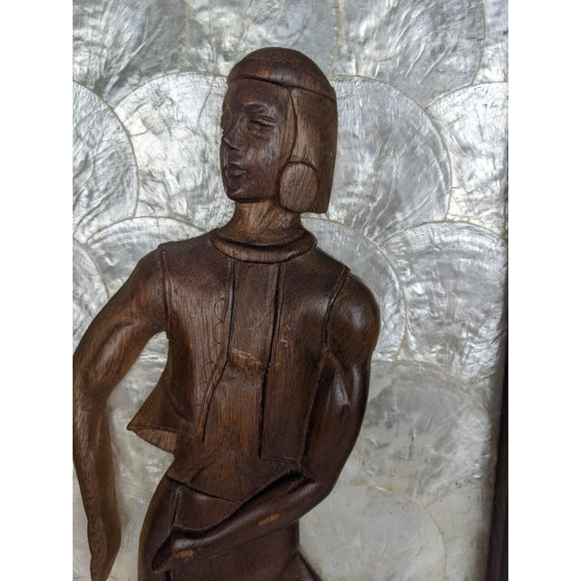 Pair Mid-Century Modern Hand-Carved Wood Figural Relief Wall Panels on Shimmering Capiz Shell Grounds For Sale In New York - Image 6 of 18