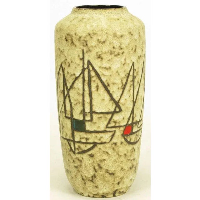 Hand thrown earthen pottery vase in heathered ivory and brown with stylized sail boats and expressionistic colored shapes...