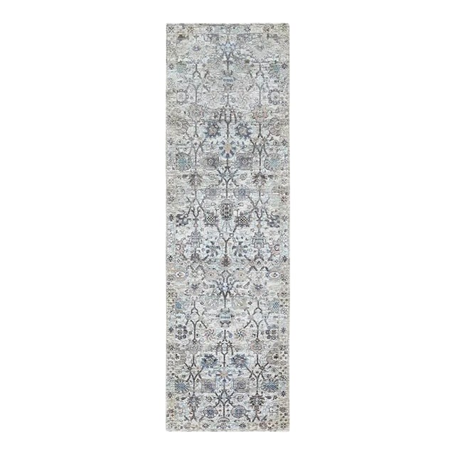 Ivory Silk With Textured Wool Tabriz Design Runner Hand Knotted Oriental Rug For Sale