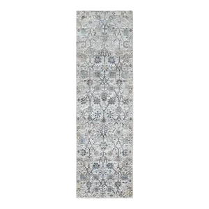 Ivory Silk With Textured Wool Tabriz Design Runner Hand Knotted Oriental Rug