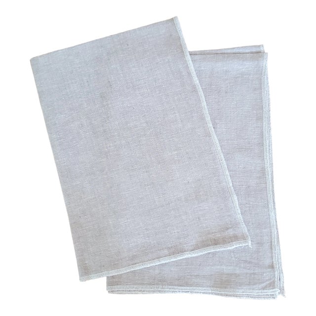 Tan Beige Yarn Dyed Linen Kitchen Tea Dish Towels - a Pair For Sale