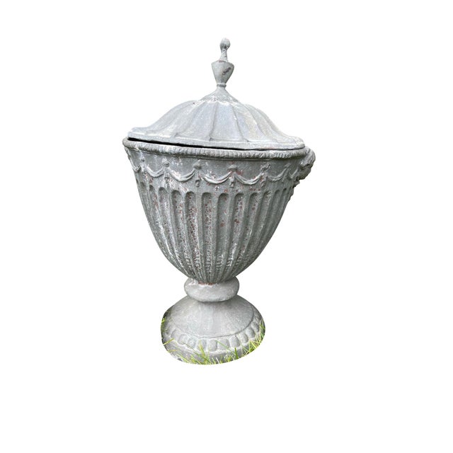 19th Century English Classical Lead Garden Urns with Covers Grey - A Pair For Sale - Image 4 of 18