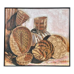 Large Indian Baskets Still Life Signed Natchez Oil on Canvas