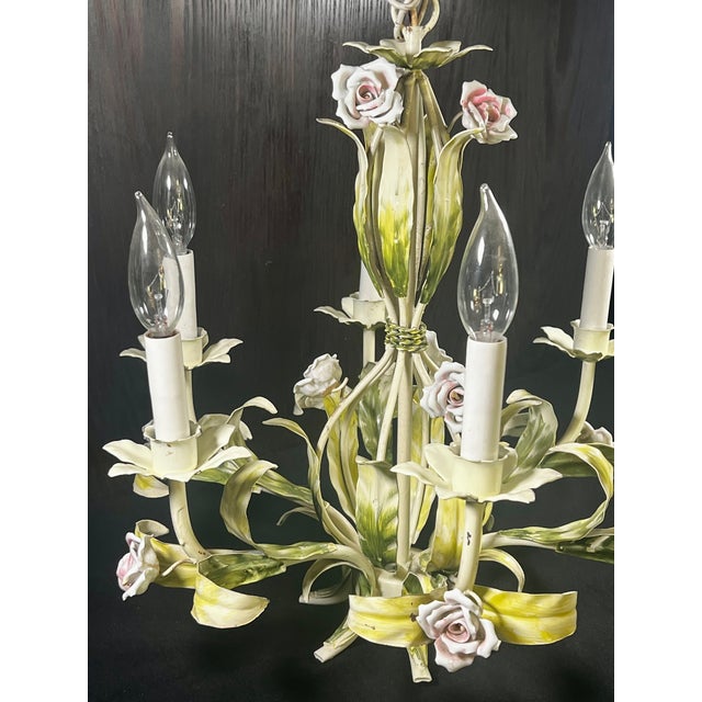 Vintage Tole Six-Arm Chandelier With Roses & Leaves For Sale - Image 9 of 16