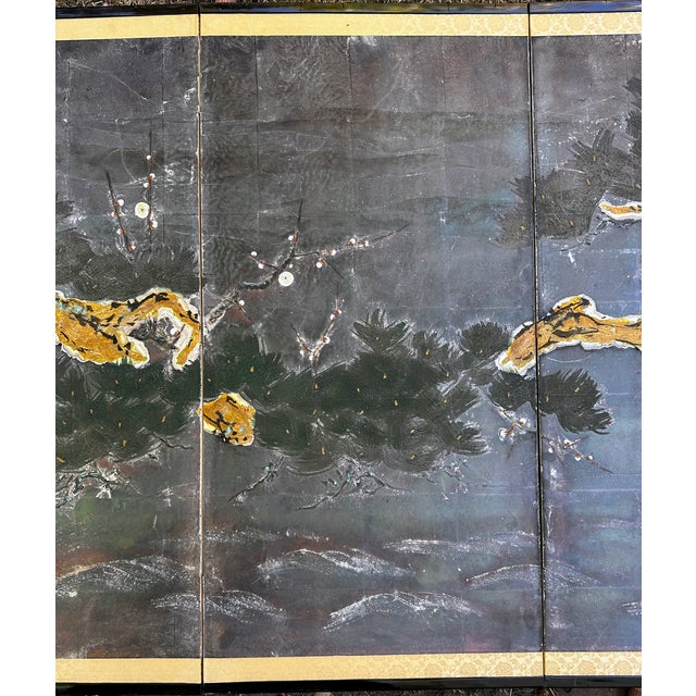 1950s Vintage Japanese Four-Panel Hand-Painted Silver Leaf Pine Tree Folding Screen For Sale - Image 5 of 16