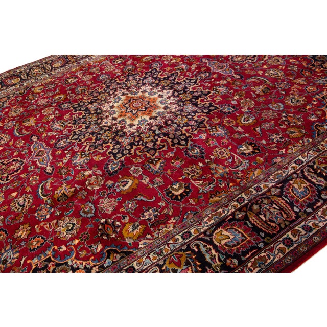 1950s Vintage Mashad Red Wool Rug With a Rosette Design For Sale - Image 5 of 7