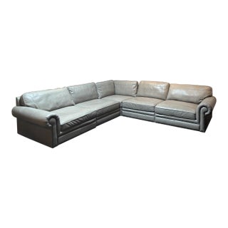 Bernhardt Gray Leather Nailhead Sectional Sofa For Sale
