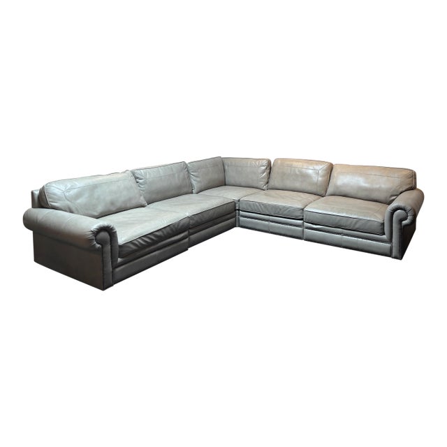 Bernhardt Gray Leather Nailhead Sectional Sofa For Sale