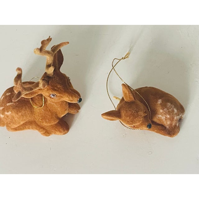 Traditional Vintage Reindeers Pair Plush Christmas Ornaments Figurines For Sale - Image 3 of 3