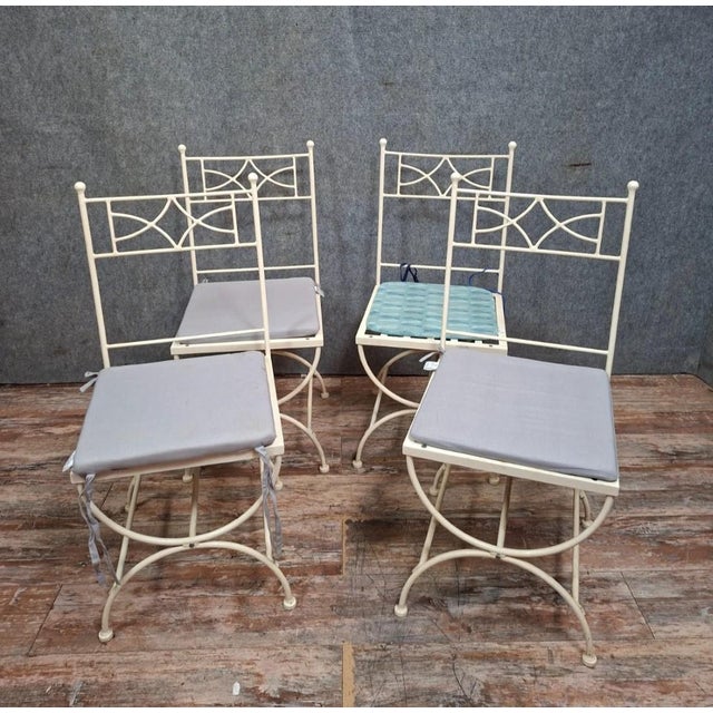 White Vintage Wrought Iron Garden Chairs with Cushions, Set of 4 For Sale - Image 8 of 9