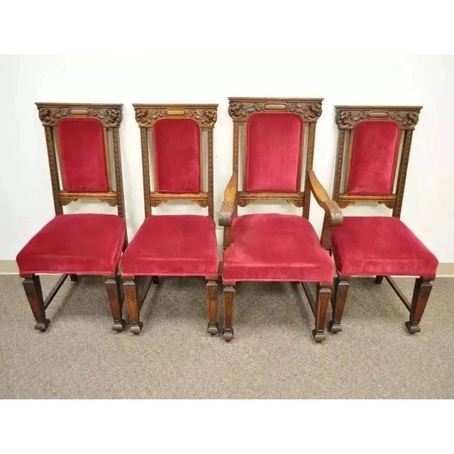 Antique Renaissance Revival Figural Lion Carved Oak Dining Chairs - Set of 4. Listing includes (1) armchair and (3) side...